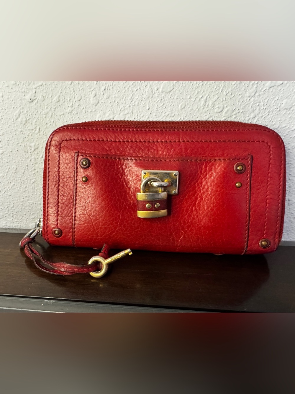 Chloe Red Leather Zip Wallet with Gold Padlock Detail